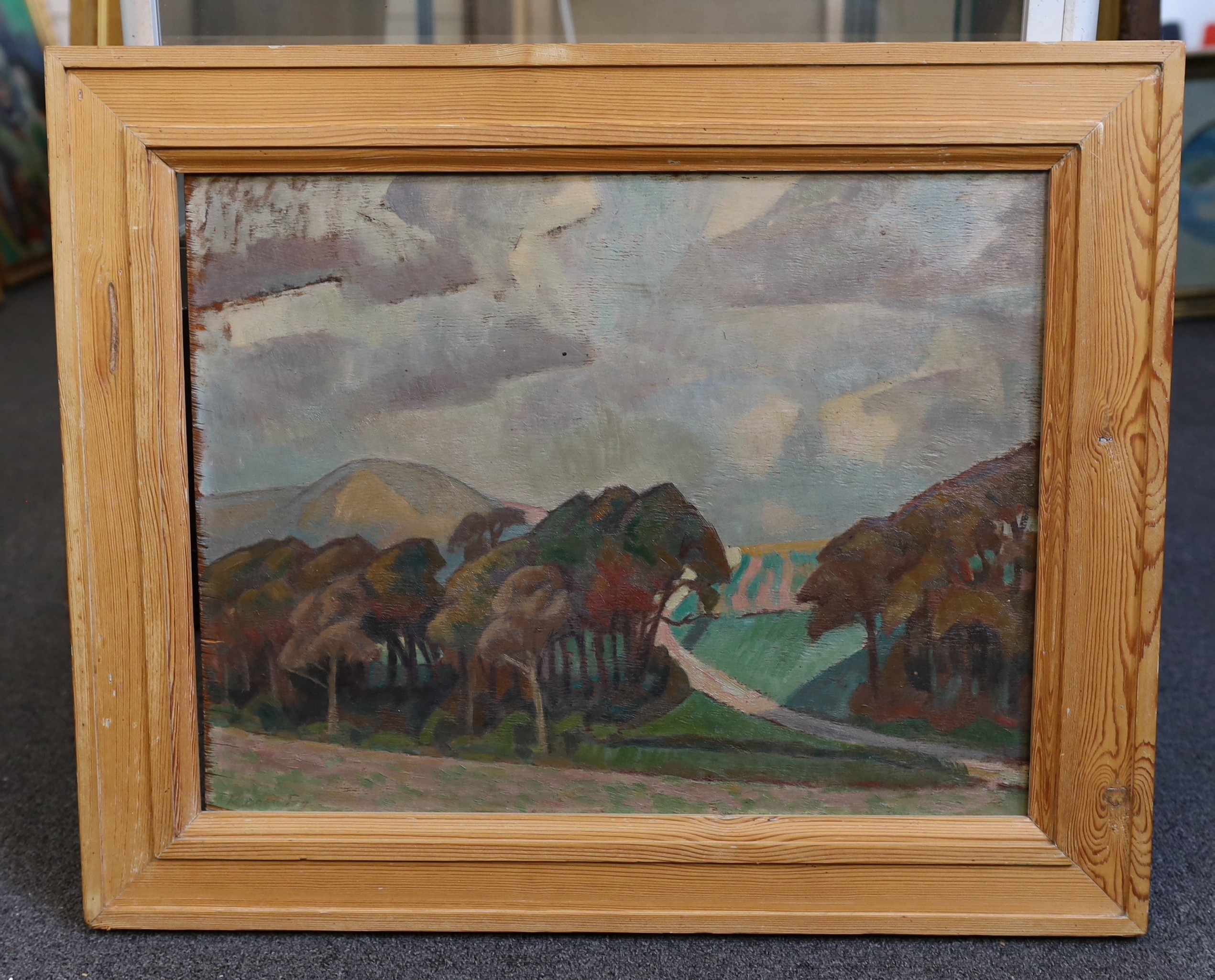 Roger Fry N.E.A.C. (British, 1866-1934), 'The Downs near Guildford', oil on wooden panel, 40 x 52cm